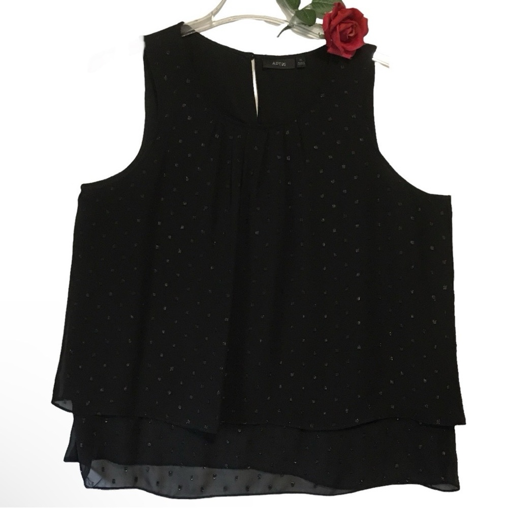 Apt.9 XL Black Sleeveless Pleated front sheer sequins overlay LIKE NEW Flowy Top